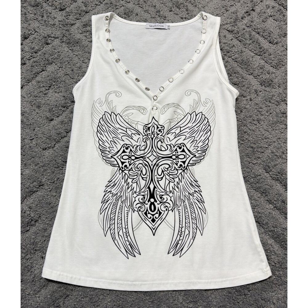 Misslook Tank Top Sleeveless Shirt Womens Size XL White Biker Goth Y2K